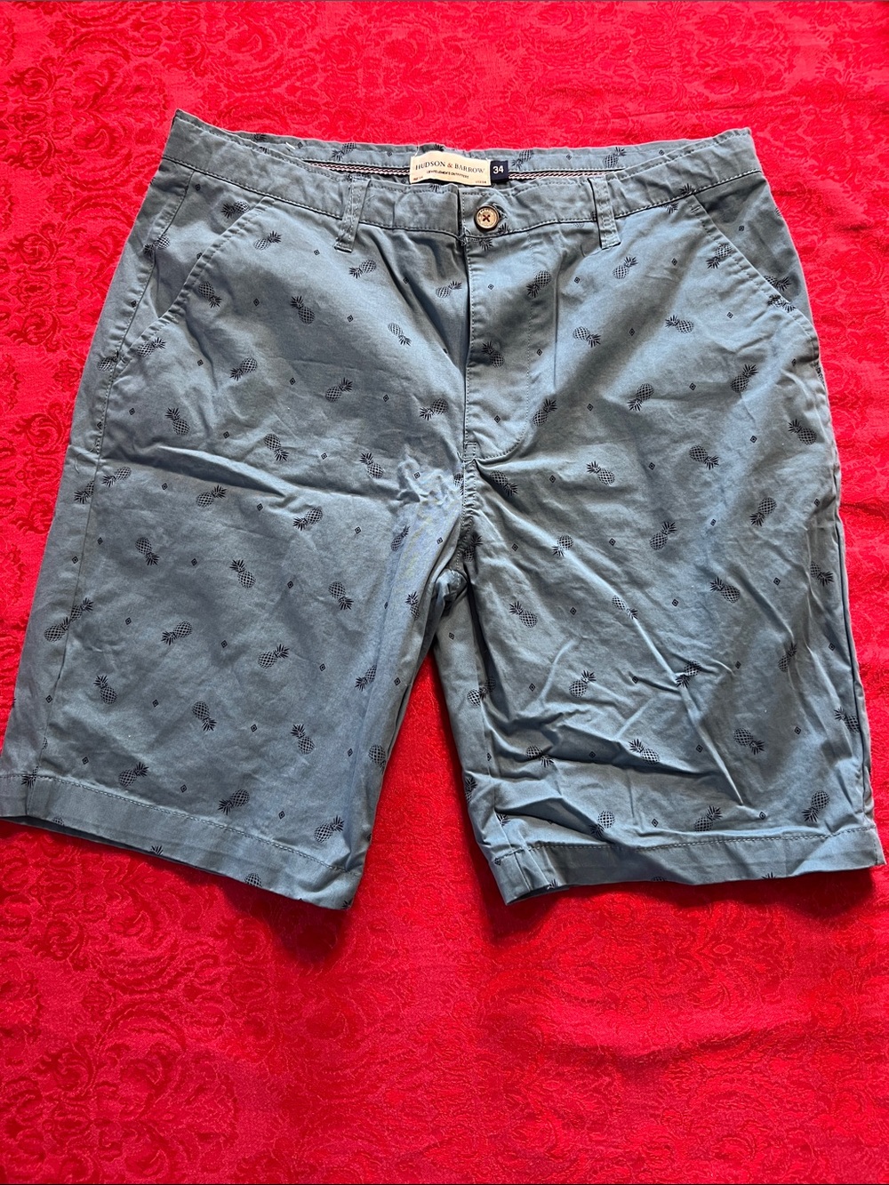Hudson & Barrow Men’s 34 Blue Pineapple Print Stretch Cotton Shorts 9” Inseam